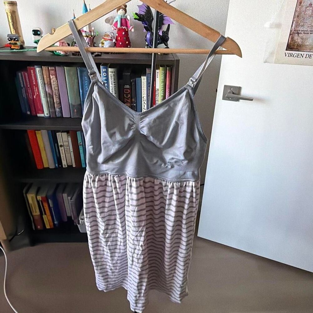 Motherhood Maternity Striped Nursing Sleep Dress Gray Pink Size XL